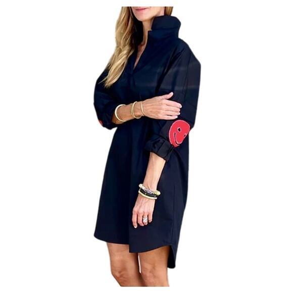 Caryn Lawn Preppy Dress Black Smiley Face Elbow OS 2-12 Cotton Stretch - Picture 1 of 10